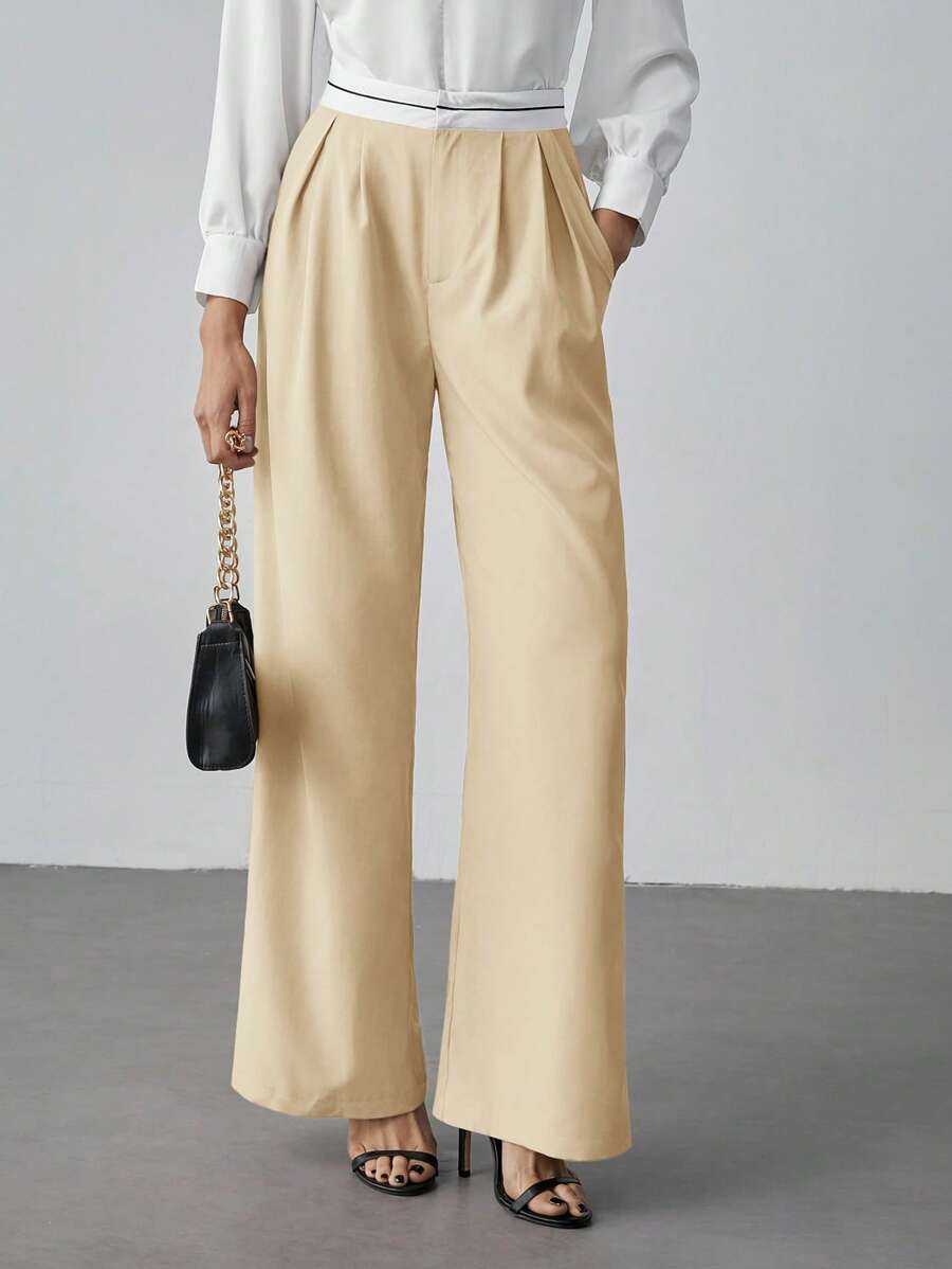 SHEIN Tall Women's Elegant High-Waist Wide Leg Pants In Apricot Woven Fabric With Zipper Detail, Long Length For A Chic Look, Tall Women - Apricot - View 1