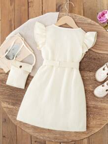 Girls Casual Sophisticated Summer Dress With Ruched Texture, Flutter Sleeves, Cardigan & Belt Set - Apricot - View 2