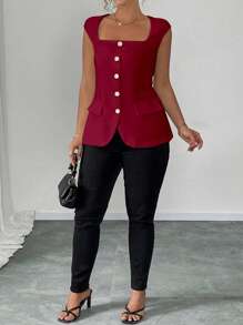 Elenzga Plus Size Women Square Neck Sleeveless Lightweight Blazer, Elegant For Commuting - Burgundy - View 3