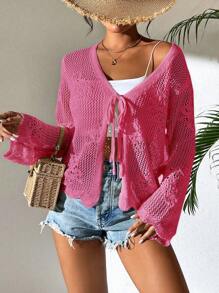 Breezaya 女士纯色镂空前系带长袖开衫 - 粉色 - 查看 6