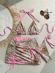 Soleia 3-Piece Women Leopard Print & Pink Reversible Bikini Set, Women Swimwear, Women Vacation Outfit, Women Summer Wear, Women Sexy Beach Outfit, Thong, Tie-Up, Sexy Style, Women Beach Vacation Swimsuit - Multicolor - View 1