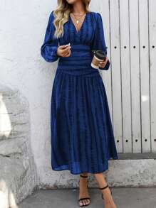 SHEIN Clasi Abito da donna elegante alla francese a maniche a lanterna con scollo a V incrociato, vita arricciata e linea ad A, in fantasia zebrata, adatto per la stagione primavera/autunno/inverno