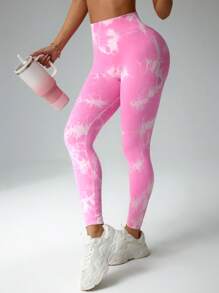 SHEIN Sports 女士日常健身扎染紧身裤瑜伽裤 - 粉色 - 查看 2