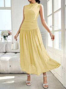 Modelyn Vestido plisado sin mangas de cuello alto para mujer - Amarillo claro - Ver 4