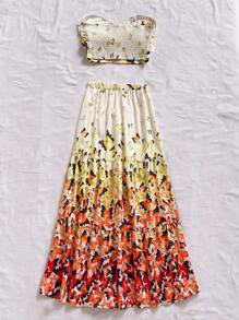 Soleia 女式黄色蝴蝶花卉印花露背短款上衣和高腰长裙两件套服装，海滩度假夏季两件套 - 黃色 - 查看 2