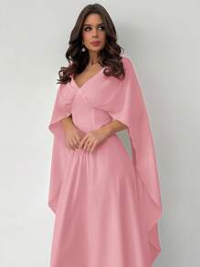 Firerie 优雅简约浪漫魅力女士 V 领长喇叭袖收腰 A 字型白色连衣裙，适合约会、斋月、度假、春夏 - 粉色 - 查看 6