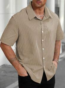 Manfinity Homme Men's Plus Size Solid Color Short Sleeve Single-Breasted Casual/Office Shirt - Khaki - View 4