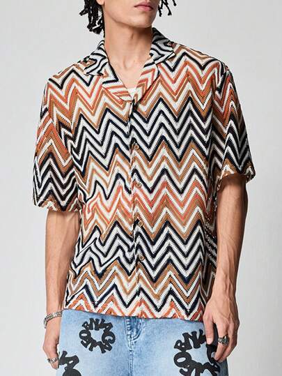 Street Life Camicia casual da uomo a manica corta con motivo a spina di pesce e a contrasto di colore