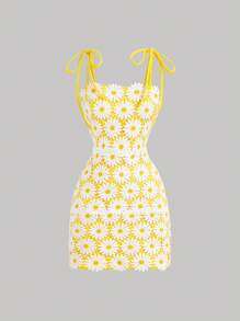 SHEIN MOD 女士雏菊荷叶边迷你吊带背心连衣裙、春季连衣裙、波西米亚风连衣裙、乡村风、度假装 - 黃色 - 查看 1