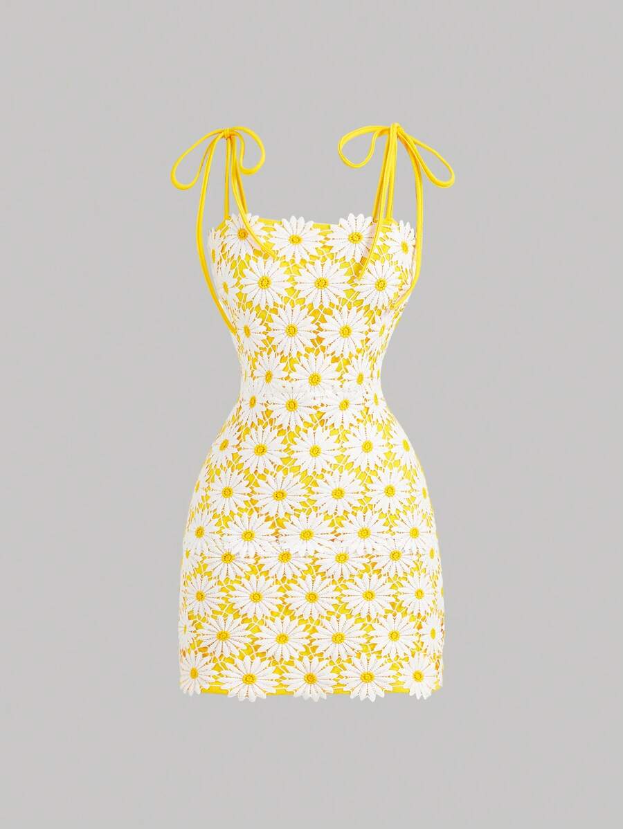 SHEIN MOD 女士雏菊荷叶边迷你吊带背心连衣裙、春季连衣裙、波西米亚风连衣裙、乡村风、度假装 - 黃色 - 查看 1