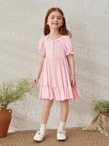 SHEIN Young Girls' French Elegant Pink Ruffle Trim Voluminous Puff Sleeve Dress, Spring/Summer - Pink - View 3