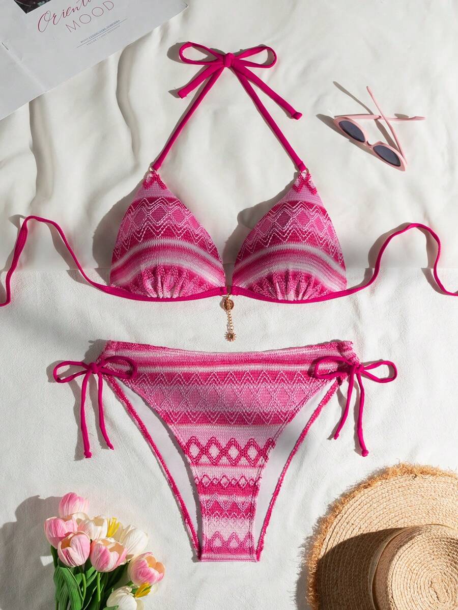 SHEIN Swim Women's Swimsuit Set With Special Material Asymmetrical Line Design, Sexy Beach Bikini For Summer Beach Vacation - Multicolor - View 1
