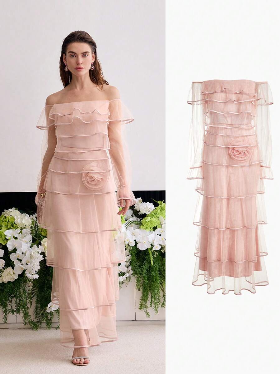 MOTF Soiréza OFF SHOULDER LAYERED HEM DRESS - Dusty Pink - View 1