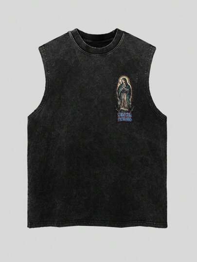 Goth Men's Casual Retro Virgin Mary Print Round Neck Tank Top