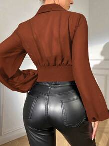 VaVaBold Women's Casual Solid Color Lantern Sleeve Cropped Shirt - Coffee Brown - View 2