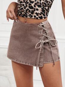 SHEIN Tall Women's Distressed Denim Cross Strap Skirt Shorts - Coffee Brown - View 1