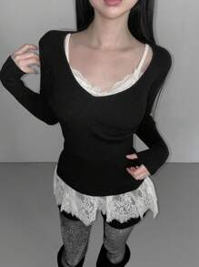 DAZY 女士撞色蕾丝修身吊带背心，百搭上衣
