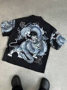 PAVTROS Manfinity Streetrush Men's Dragon & Tiger Print Street Style Cropped Zip Up Shirt - Black - View 2