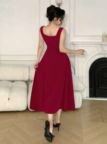 DAZY Sleeveless Square Neckline Solid Color Long Dress For Women Red Women Dresses,New Year - Burgundy - View 2