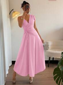 SHEIN Unity Women Elegant Asymmetric Knot Pleated Asymmetrical Hem Cami Dress - Pink - View 4
