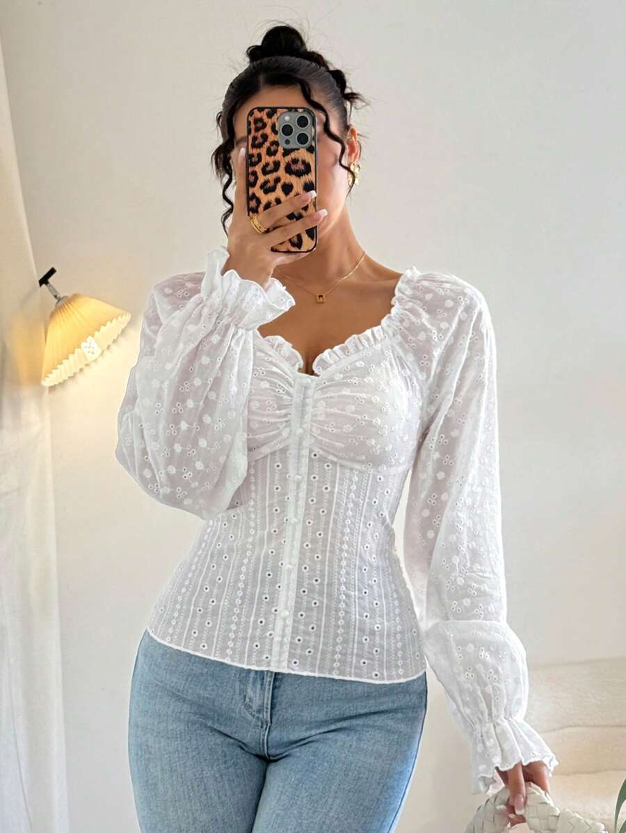 Chiquease Ausgeschnittene Stickerei Chiffon Puffärmel Herzausschnitt Langarm süße Urlaubsbluse für Frauen