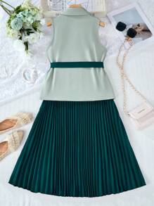 SHEIN Tween Girls Elegant Solid Color Pleated Camisole Dress Two Pieces Set - Dark Green - View 2