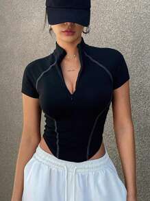 DAZY Women's Half-Zip Stand Collar Short Sleeve Fitted Cropped Athletic Look Base Layer T-Shirt - Black - View 4