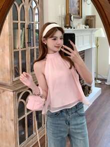 SHEIN TEENGIRL 优雅甜美粉色雪纺露背上衣，装饰蝴蝶结细节露背衬衫 - 粉色 - 查看 2