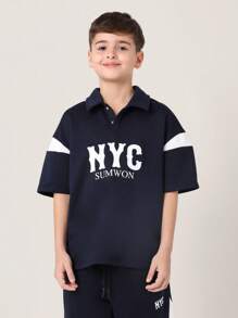 Tween Boys Nyc Sumwon Athletic Two-Piece Set Polo Sport Style Summer Outfit Navy White Varsity Collegiate Street Style Athletic Set - Navy Blue - View 3