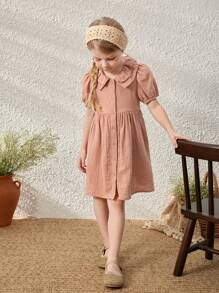 SHEIN Leap Crew Young Girls' Elegant French Style Pink Ruffle Collar Front Open Dress, Spring/Summer - Brown - View 5