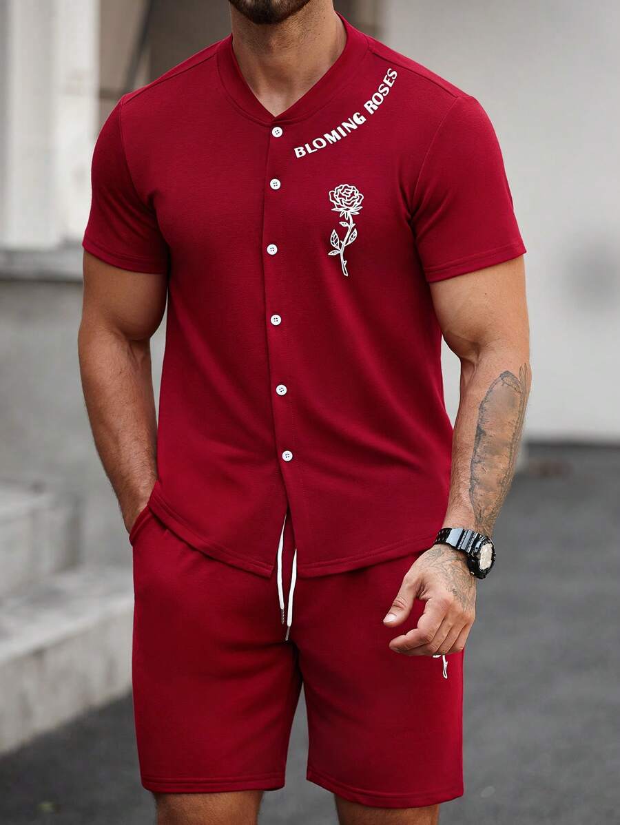 Manfinity Homme Plus Size Men's Letter & Floral Print Short Sleeve Single-Breasted Shirt And Shorts Casual 2 Pieces Set - Red - View 1