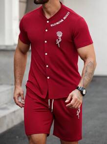 Manfinity Homme Plus Size Men's Letter & Floral Print Short Sleeve Single-Breasted Shirt And Shorts Casual 2 Pieces Set - Red - View 5