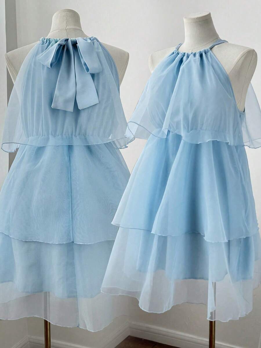 Flirla Vestido Plus Size Cor Sólida Organza Babados Cintura Amarrada