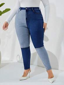 SHEIN Privé Plus Size Old Money Patchwork Elastic Skinny Jeans - Blue - View 4
