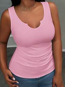 Slaydiva Simple Basic Sporty Casual Daily Fitted Solid White Notched Collar Ruching Textured Ribbed Women's Plus Size Regular Tank Top, Spring/Summer - Pink - View 1