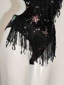 SHEIN ICON Y2K 90s Clothes Music  Festival Rave Deep V-Neck Pentagram Tassel Decor Backless Cross Strap Bodysuit