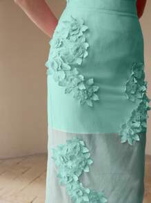 PREMIUM 花卉拼布开衩下摆短裙 - 藍色 - 查看 2