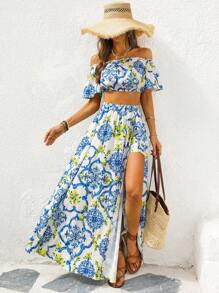 Vivid Eden Women's Summer Vacation Lemon & Blue Floral Print Off-Shoulder Top And Long Skirt 2pcs Set, Vacation Outfit,Summer Outfits For Women,Vacation Two Pieces Set,Beach Outfits For Woman