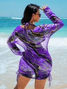 Swim Vcay 3pcs/Set Plus Size Holiday Beach Marble Print Swimwear For Summer Beach Vacation - Purple - View 2