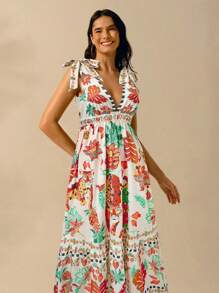 CAJUNI 女式深 V 领无袖系带休闲沙滩裙，波西米亚热带豹纹、菠萝、巨嘴鸟印花长裙，适合夏季 - 彩色 - 查看 6