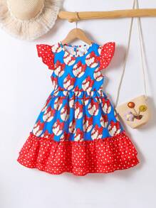 SHEIN Vestido de manga corta con estampado de lazo, bloqueo de color y volantes, ideal para uso en vacaciones de verano, apropiado para niñas jóvenes - Azul - Ver 1