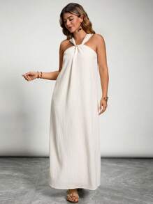 Freevana Plus Size Solid Color Halter Long Casual Dress Graduation Dress Sun Dress Summer Outfits For Women Easter Outfit Women Festival Rave Bohemia Graduation Wedding Guest Dress Women  Vacation Boho Festival Outfits Country Concert Outfit Brunch Outfits For Women Easter Outfit Curve