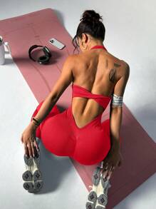 SHEIN Sports 纯色弹性吊带露背连体衣，夏季运动 - 紅色 - 查看 3