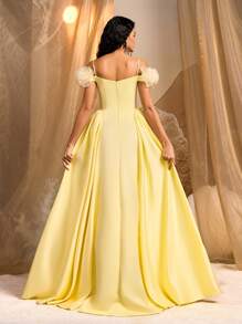 Glamrae Váy trễ vai sang trọng thanh lịch với thiết kế hoa 3D, váy quá khổ thích hợp cho đám cưới, tiệc tùng, kỳ nghỉ, tiệc chiêu đãi, váy dự tiệc cưới, váy trang trọng, váy dạ hội, váy dạ hội - Màu vàng - Xem 3