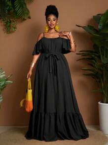 Maweii Vestido elegante con volantes de unicolor y hombros descubiertos para mujer de talla grande, adecuado para vacaciones - Negro - Ver 4