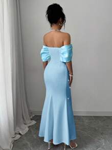 Rafferiza Váy satin nữ có nơ lớn Bandeau - Màu xanh lam - Xem 2