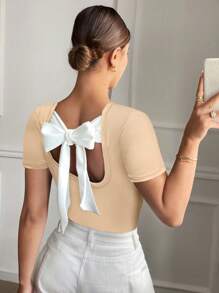 SHEIN Frenchy Summer Casual Textured Back Tie Short Sleeve T-Shirt, Vacation Holiday Graduation Western Wear Beach - Apricot - View 3