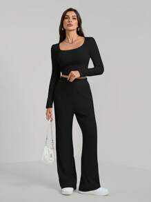 SHEIN Tall 2 件套女士纯色圆领长袖罗纹针织上衣和裤子休闲套装，春/秋 - 黑色 - 查看 3
