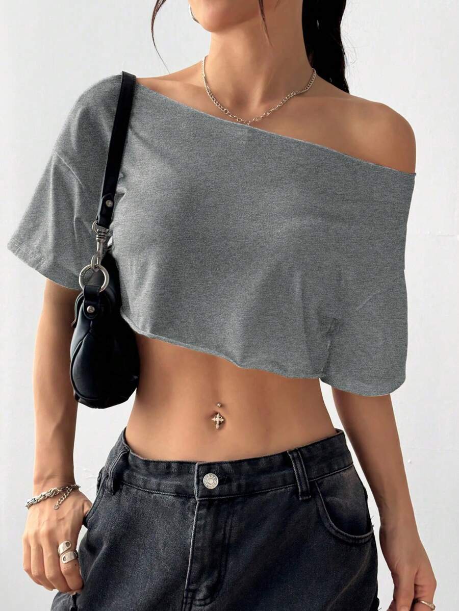 Flirla Women's Asymmetrical Shoulder Short Frayed Hem Oversized Streetwear T-Shirt, White, Versatile Y2K Stylish Chic, Spring/Summer - Grey - View 1