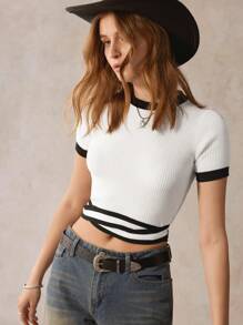 SHEIN LUNE Western Casual Basic Summer Top, American Vintage Style Contrast Color Twist Waist White Short Sleeve Shirt Western Clothes For Women - White - View 2